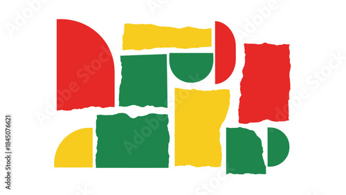 Vibrant geometric composition of colorful shapes in red, yellow, and green hues on white background, abstract art style