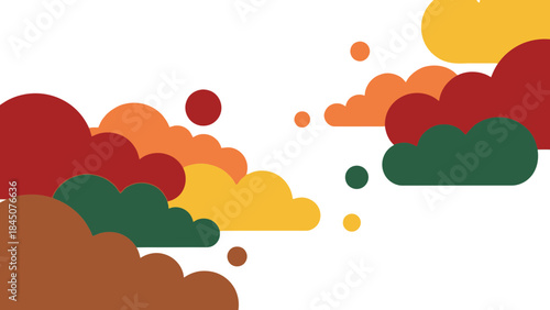 Vibrant multicolored clouds in shades of red, orange, yellow, green and brown on white background, abstract design