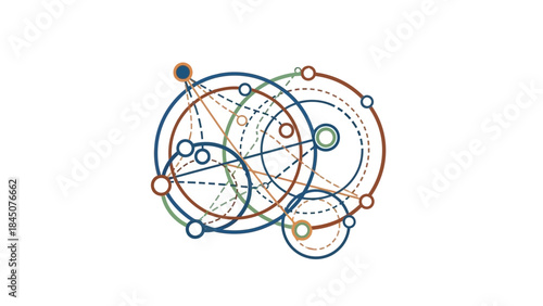 Geometric shapes with interconnected circles and lines in blue, green, orange hues on white background