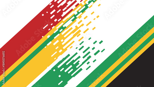 Vibrant diagonal stripes in red, yellow, green, and black with white background and pixelated effect