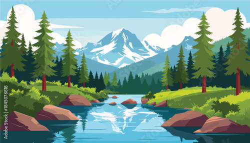 Scenic summer landscape with lake and reflection of snow-capped mountains, forest, and sky