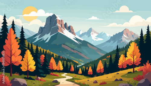 Autumn panorama of a high alpine landscape featuring snow-dusted mountains, green valleys, and a cloudy blue sky