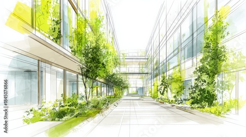 Architectural Visualization of a Modern Green Building Exterior with Trees and Sustainable Design Elements