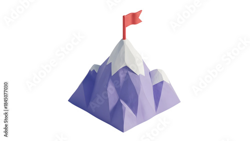 Vibrant purple mountain peak with red flag on top isolated on black