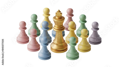 Vibrant chess pieces in pastel colors with golden king
