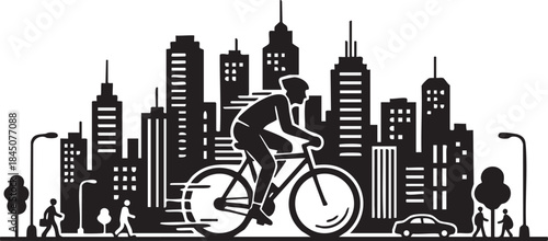 Urban Cyclist Silhouette Vector Riding Through City Streets