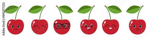Set cherry cute character cartoon, juicy berry, big eyes, happy smiling face, emotions joy delight, kawaii style, vector illustration.