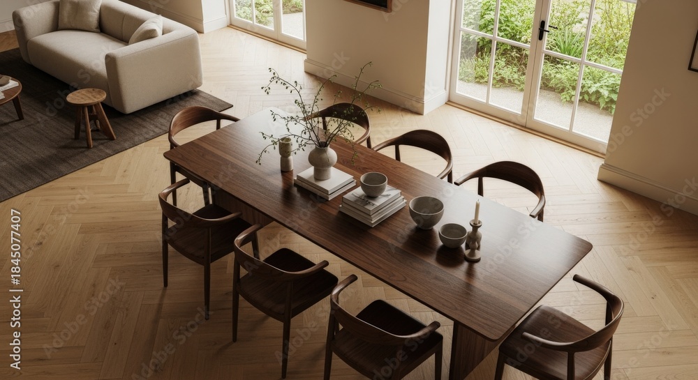 Fototapeta premium Elegant Dining Room Interior with Wooden Table, Chairs and Minimalist Decor, Bathed in Natural Light