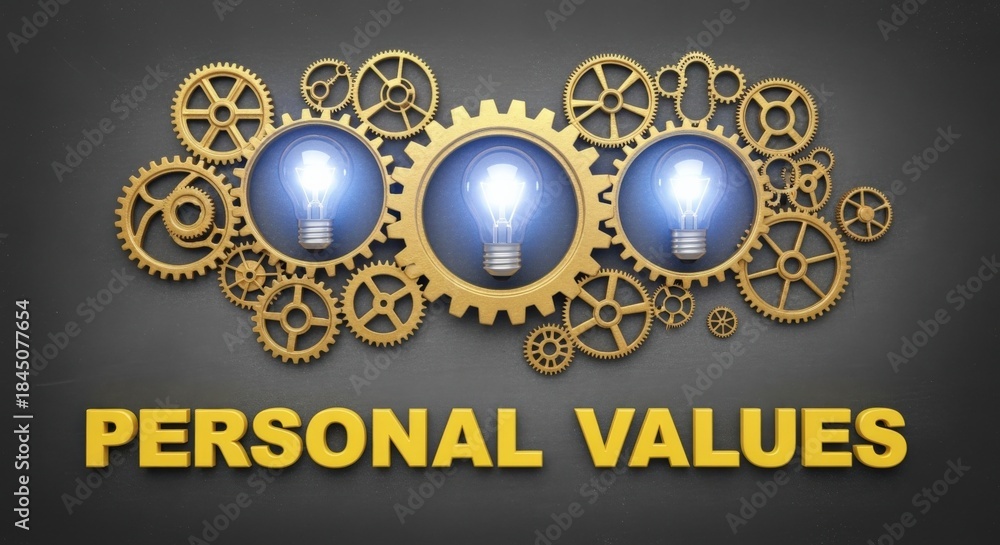 Naklejka premium Personal values illuminated by creative thinking shown through gears and lightbulbs on dark grey background