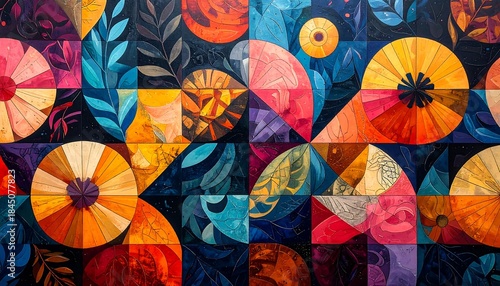 Geometric floral art with vibrant color palette creates a mesmerizing pattern