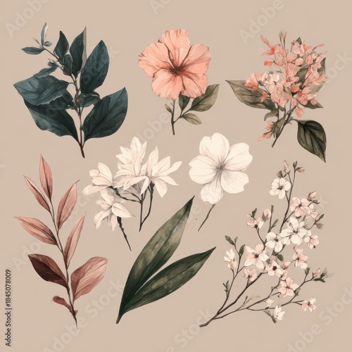 Elegant Floral Illustrations on Soft Beige Background for Design