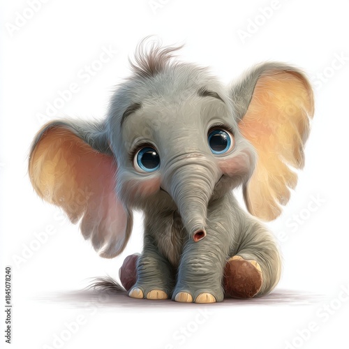 Cute Cartoon Elephant with Big Eyes and Large Ears Sitting Cuddly