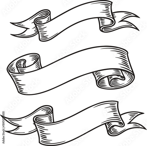 An assortment of vintage ornate ribbon banners in various colors