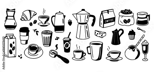 Coffee Doodle Icons – Black and White Hand Drawn Cups, Pots, Beans, Snacks & Barista Tools Vector Set