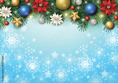 クリスマス背景、雪の結晶と星、水色、キラキラ、モミの木、かわいい、イラスト、横
