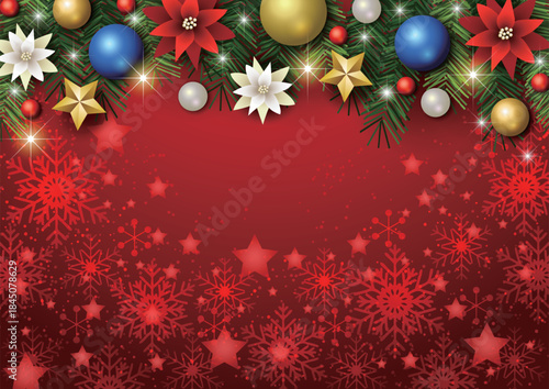 クリスマス背景、雪の結晶と星、赤、キラキラ、モミの木、かわいい、イラスト、横