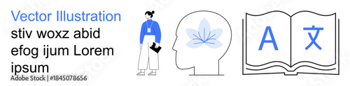 Education, language learning, cognitive growth, mental focus, translation, personal development. Person holding a notebook, a brain with a flower icon and an open book. Focus on education
