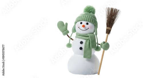 Cute Snowman Character Wearing Green Knit Hat and Scarf, Waving with a Broom, Isolated