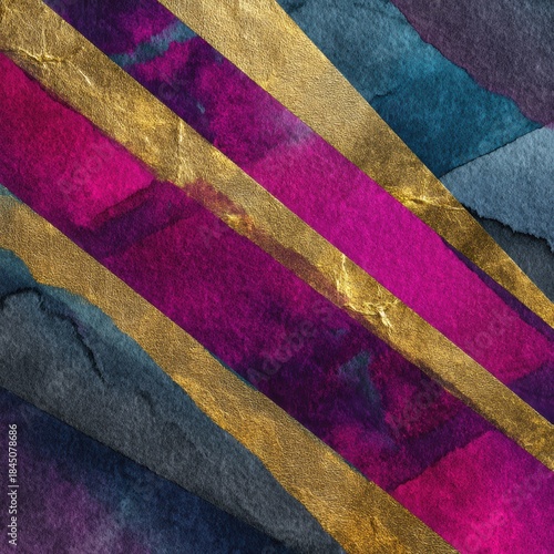 Seamless abstract wallpaper with bold indigo magenta gold diagonal stripes for luxury packaging, editorial layout, branding background, digital textile, art print


