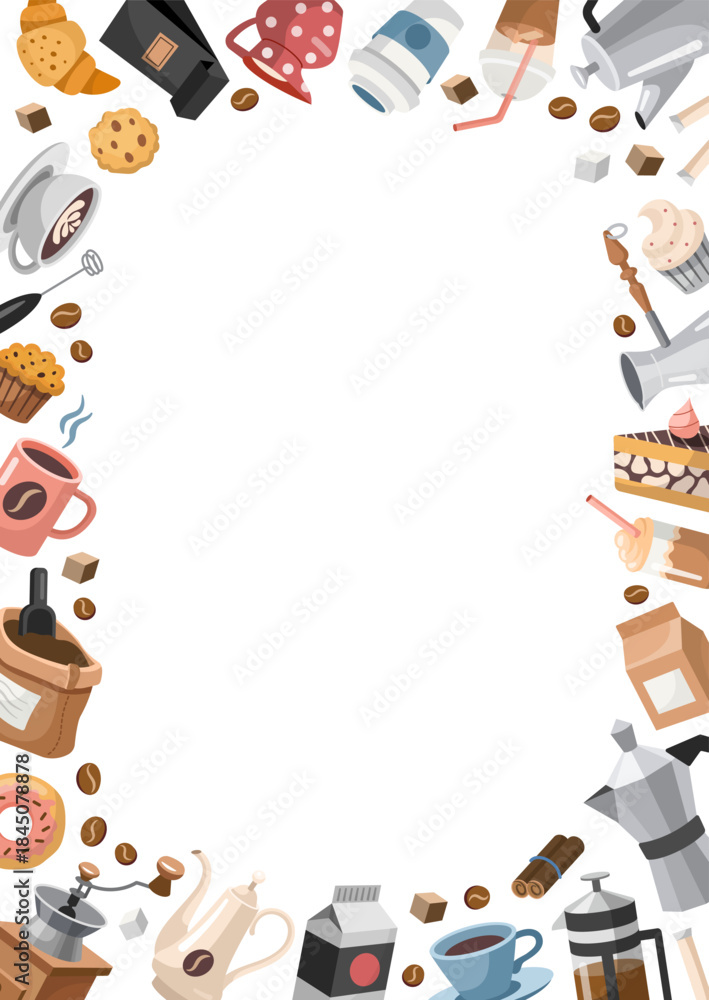 Fototapeta premium Coffee rectangular, frame, copy space, vertical template. Hand drawn cartoon Style design with different Coffee Theme objects. Vector illustration