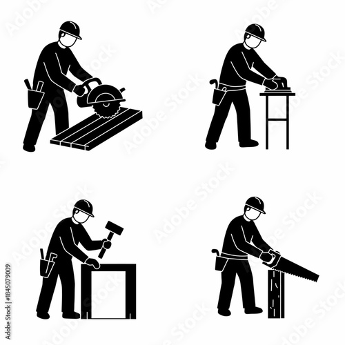 Carpenters at Work Pictograms of Woodworking Activities.