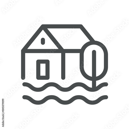 Flooding Disaster Weather Icon. House in rising water, river overflow and storm surge inundation warning symbol for emergency and evacuation.