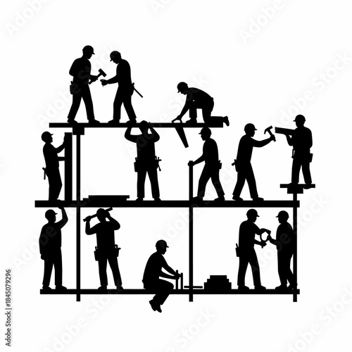 Construction Workers Silhouettes on Scaffolding Building and Labor.