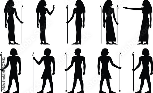 Ancient Egyptian staff holding silhouettes set depicting pharaohs and nobles, historical character poses isolated for cultural illustration design