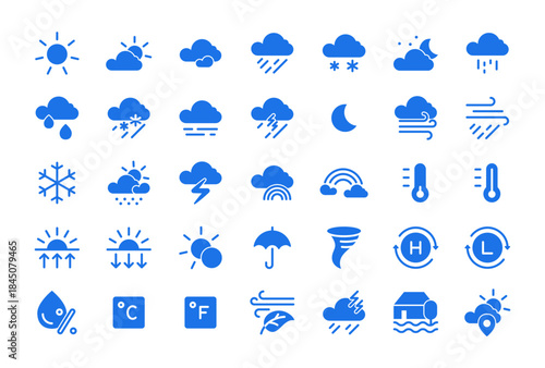 Weather Icon Set for Forecast and Climate: Sun, Cloud, Rain, Snow, Storm, Wind, Fog, Tornado, Thermometer and Humidity. Editable stroke line vector pictogram for web app, linear outline.
