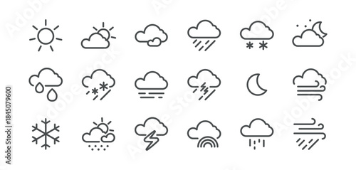Weather Forecast Icon Set. Thin Line Collection of Climate and Weather Condition Symbols Including Sun, Cloud, Rain, Snow, Wind and Storm. Isolated Outline Vector Pack, Editable Stroke Pictogram Set
