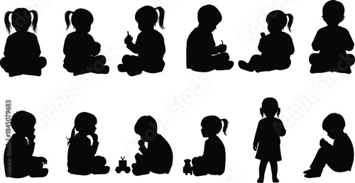 Baby and toddler silhouettes set showing sitting, playing, and standing poses, black child outline collection for design use