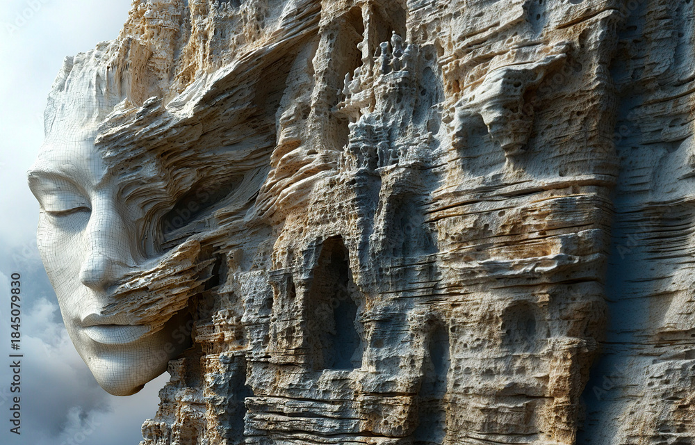 Fototapeta premium Rostro gigante de piedra esculpido en un acantilado rocoso con texturas erosionadas detalladas