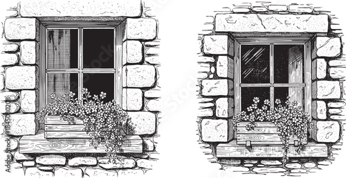 Mediterranean Stone Window With Flower Box Rustic Architectural Facade Vintage Engraving Style Vector Illustration Set