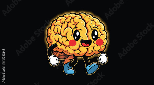 Cute cartoon brain character mascot walking with smile, creative intelligence concept illustration for education, psychology, and learning designs