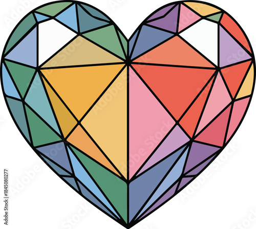Colorful geometric heart design resembling a faceted jewel or stained glass art