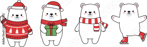Cute Christmas polar bear characters set wearing winter clothes, festive holiday cartoon illustration for greeting cards and seasonal designs