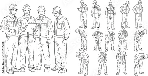Construction workers line art set with safety helmets, industrial poses, teamwork scenes, and technical illustration references for training manuals