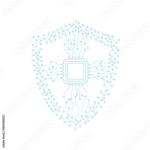Digital Fortress: The image presents a digital shield, formed by an intricate network of circuit lines, symbolizing secure data protection and technological advancement.