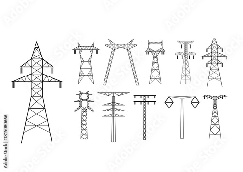 Electrical Power Towers: A comprehensive illustration of various electrical power towers, symbolizing the infrastructure of energy distribution.
