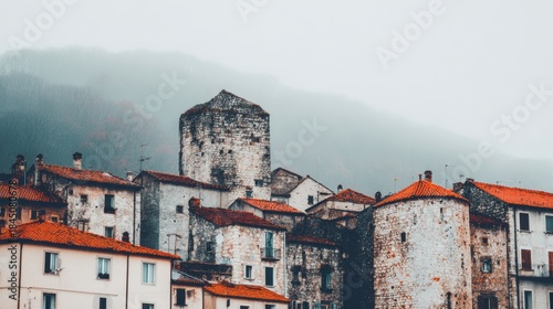 Fototapeta Naklejka Na Ścianę i Meble -  Old stone buildings and tower under grey sky in small village