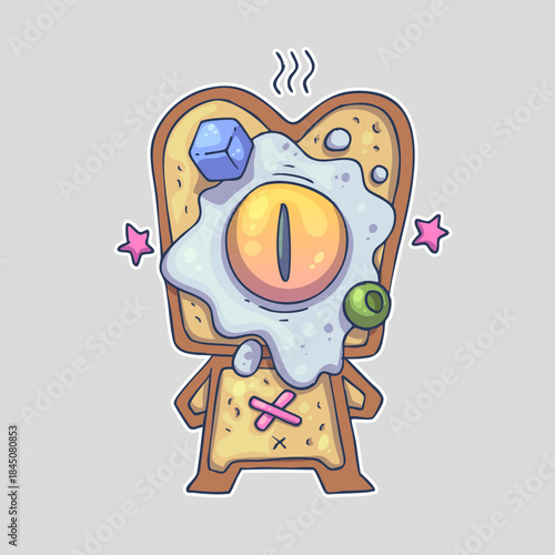 A toast character with a fried egg eye, ice cube, and green olive, surrounded by two pink stars. Cartoon vector character. Trendy style. Vector illustration.