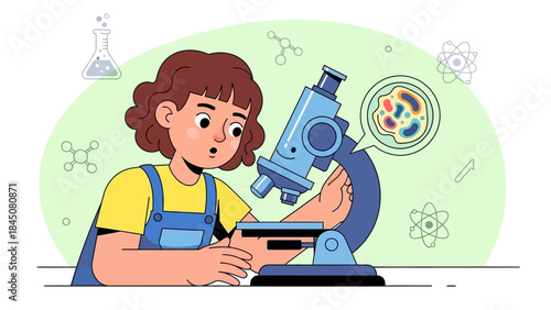 Curious child uses a microscope to explore scientific discoveries and learn about cells