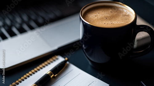 A dark coffee mug, pen, and spiral notebook rest on a desk with a laptop in the background, evoking a cozy workspace.