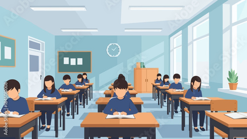 Students in a classroom, engaged in learning and reading at their desks