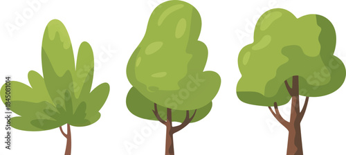 Three distinct styles of leafy green deciduous trees stand isolated against a white background perfect for environmental graphic design use.