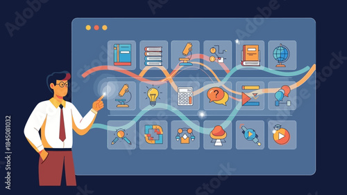 Online education platform with interactive learning paths and educational icons for digital knowledge acquisition