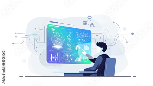 Person Analyzing Complex Data on Futuristic Holographic Interface, Exploring Advanced AI Concepts and Scientific Research for Innovation and Digital Growth