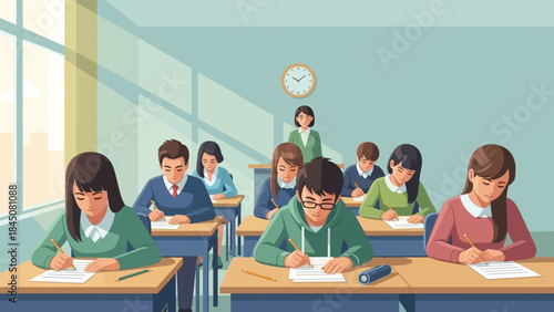 Students diligently engage in an examination in a bright, modern classroom, guided by their teacher, depicting focus on academic assessment and educational evaluation