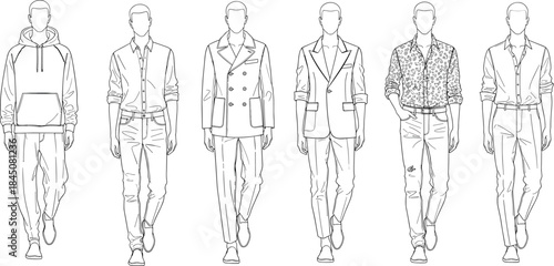 Male fashion outfit sketches showing casual and formal menswear looks, line art clothing illustration set for designers and apparel branding