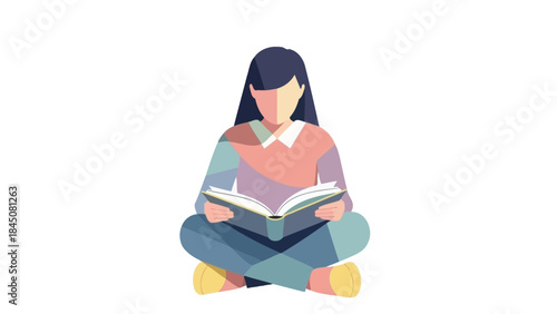 Minimalist flat design illustration of a woman enjoying quiet time while engrossed in a book, symbolizing learning, education, and personal growth